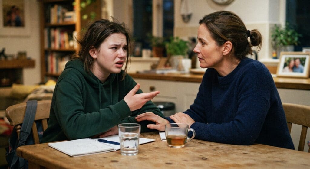 A teenage girl in a green hoodie gestures while having a serious, emotional discussion at a kitchen table with her mother, who listens intently.